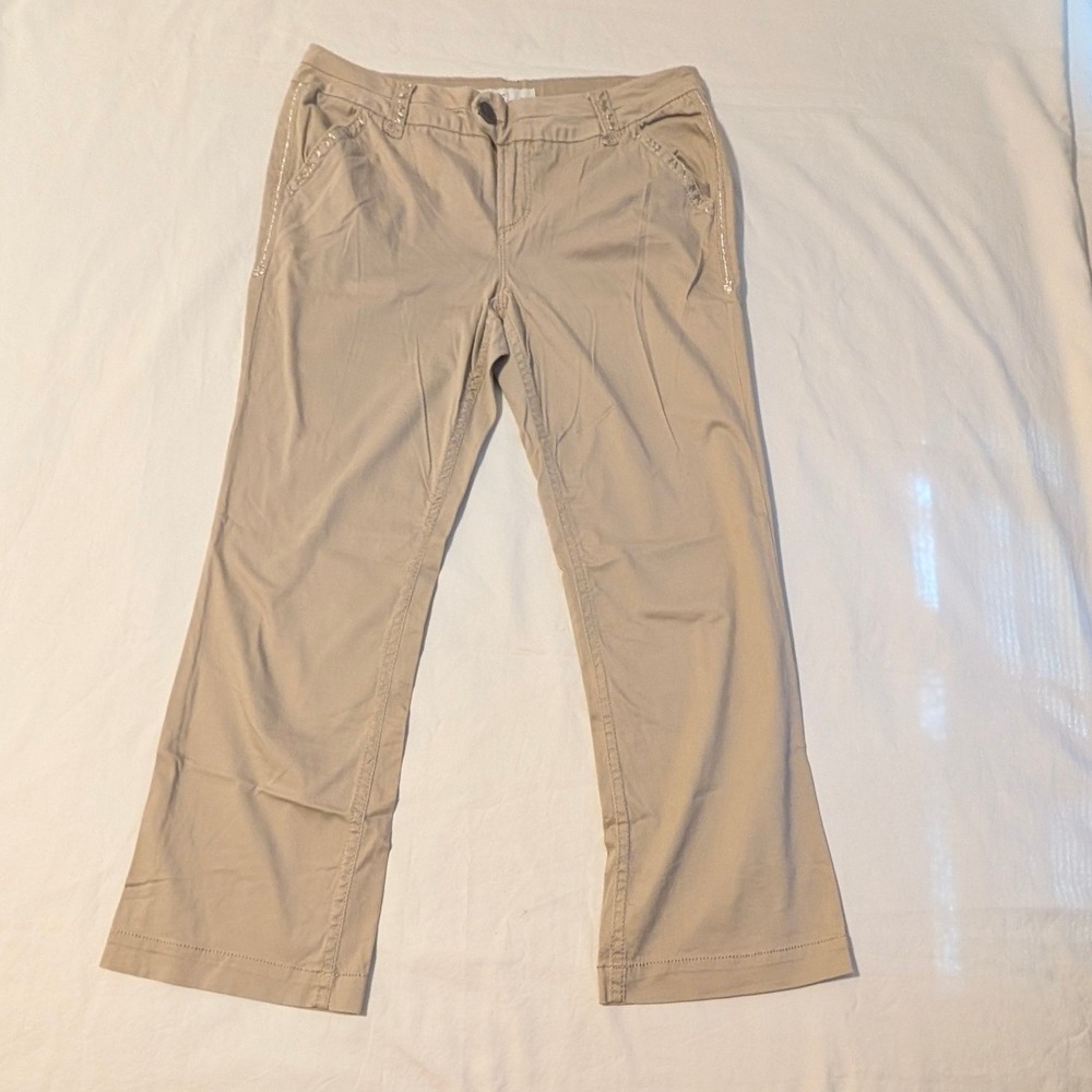 BKE Casuals Khaki Pants Women Tan Embroidery Bootcut Trousers